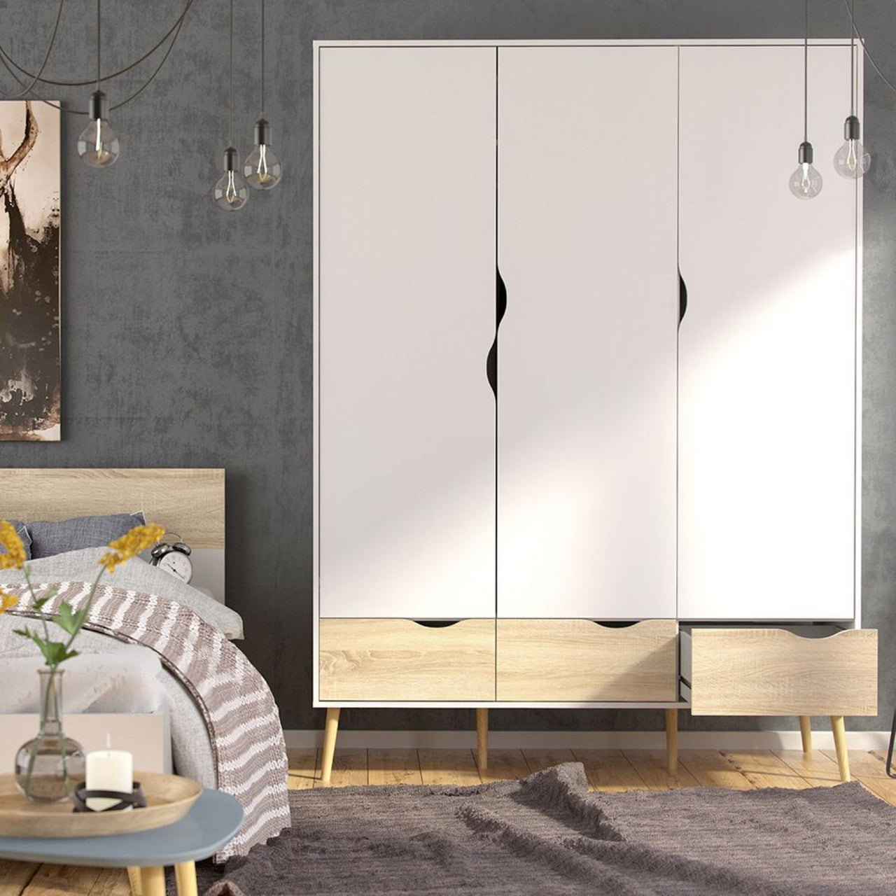 Oslo Package Bedside 1 Drawer + Chest of 5 Drawers (2+3) + Wardrobe 3 Doors 3 Drawers in White and Oak