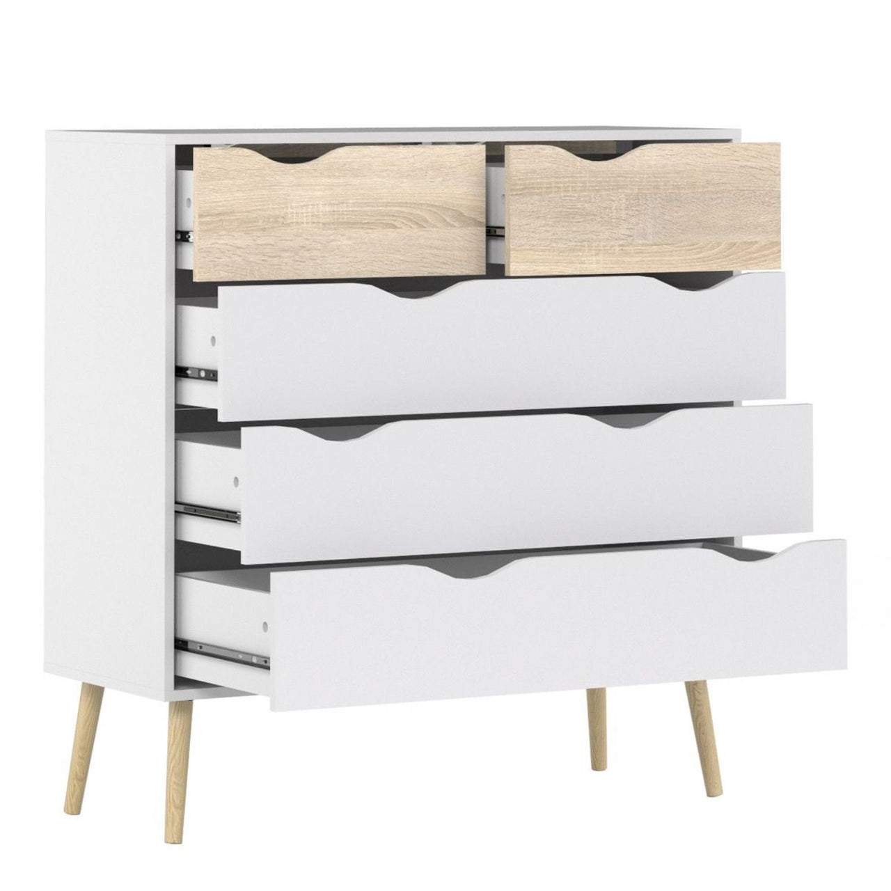 Oslo Package Bedside 1 Drawer + Chest of 5 Drawers (2+3) + Wardrobe 3 Doors 3 Drawers in White and Oak