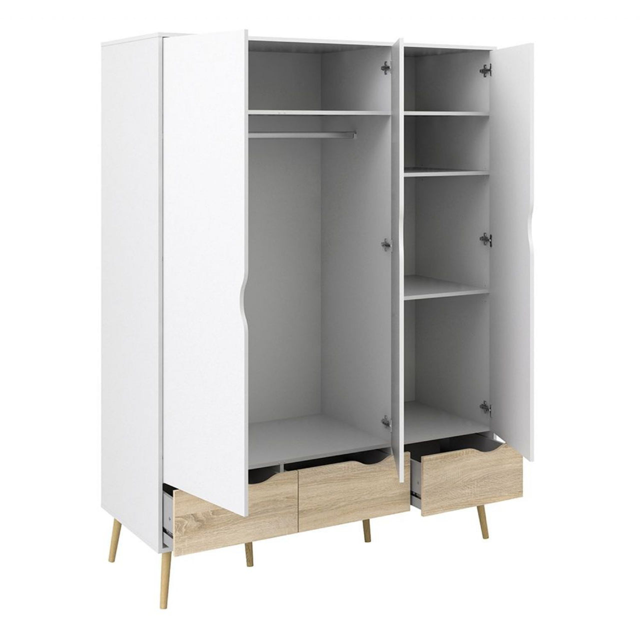 Oslo Package Bedside 1 Drawer + Chest of 5 Drawers (2+3) + Wardrobe 3 Doors 3 Drawers in White and Oak