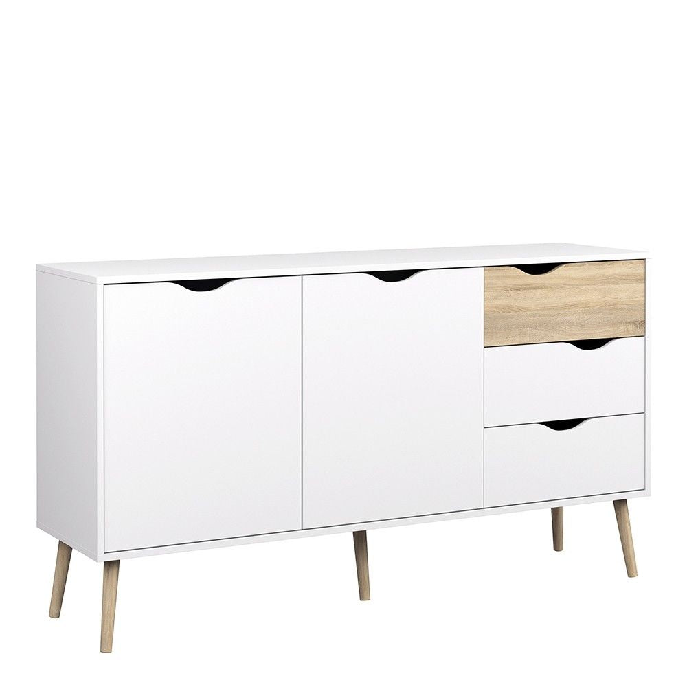 Wide White and Oak 3 Drawer 2 Door Sideboard