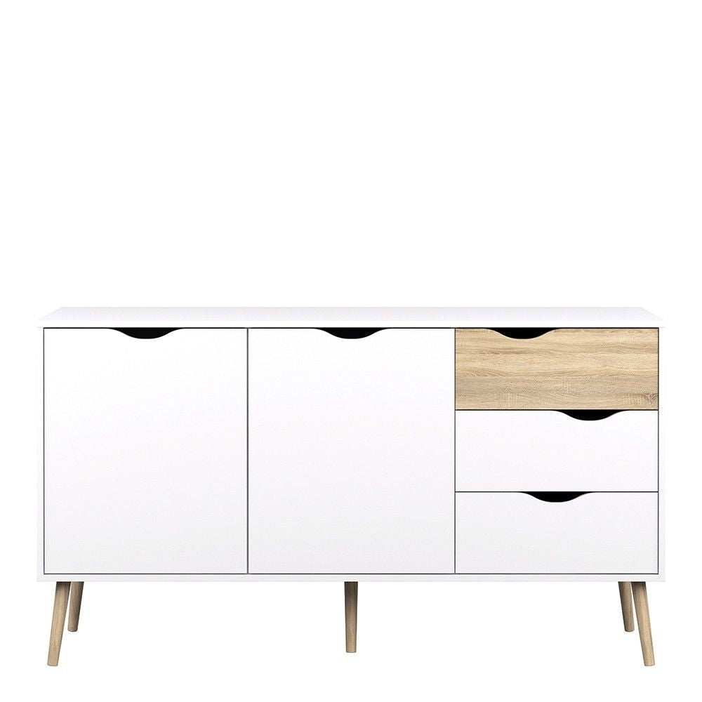 Wide White and Oak 3 Drawer 2 Door Sideboard