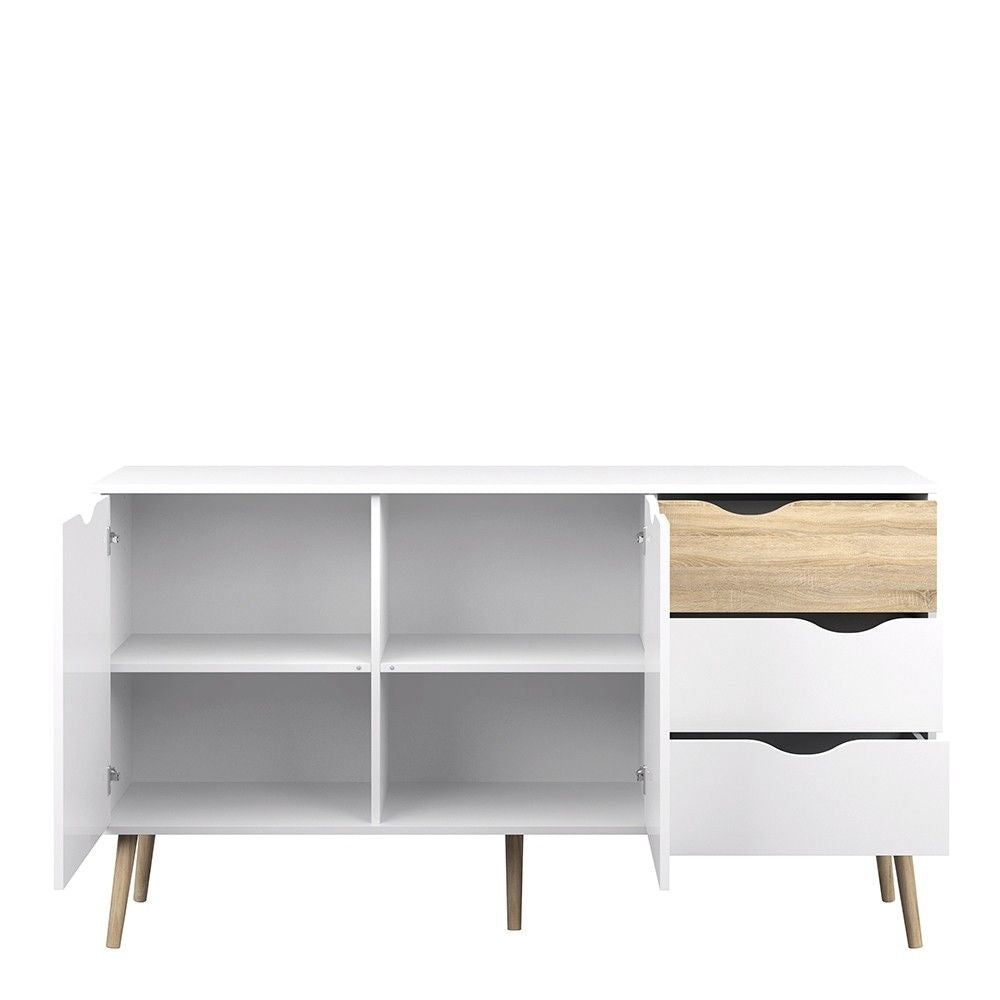 Wide White and Oak 3 Drawer 2 Door Sideboard