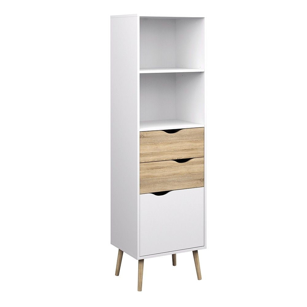 Tall Slim White and Oak Scandinavian 2 Drawer And 1 Door Bookcase