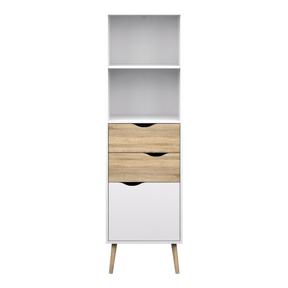 Tall Slim White and Oak Scandinavian 2 Drawer And 1 Door Bookcase