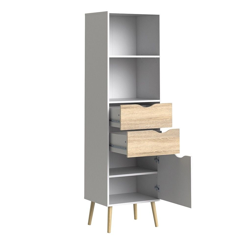 Tall Slim White and Oak Scandinavian 2 Drawer And 1 Door Bookcase