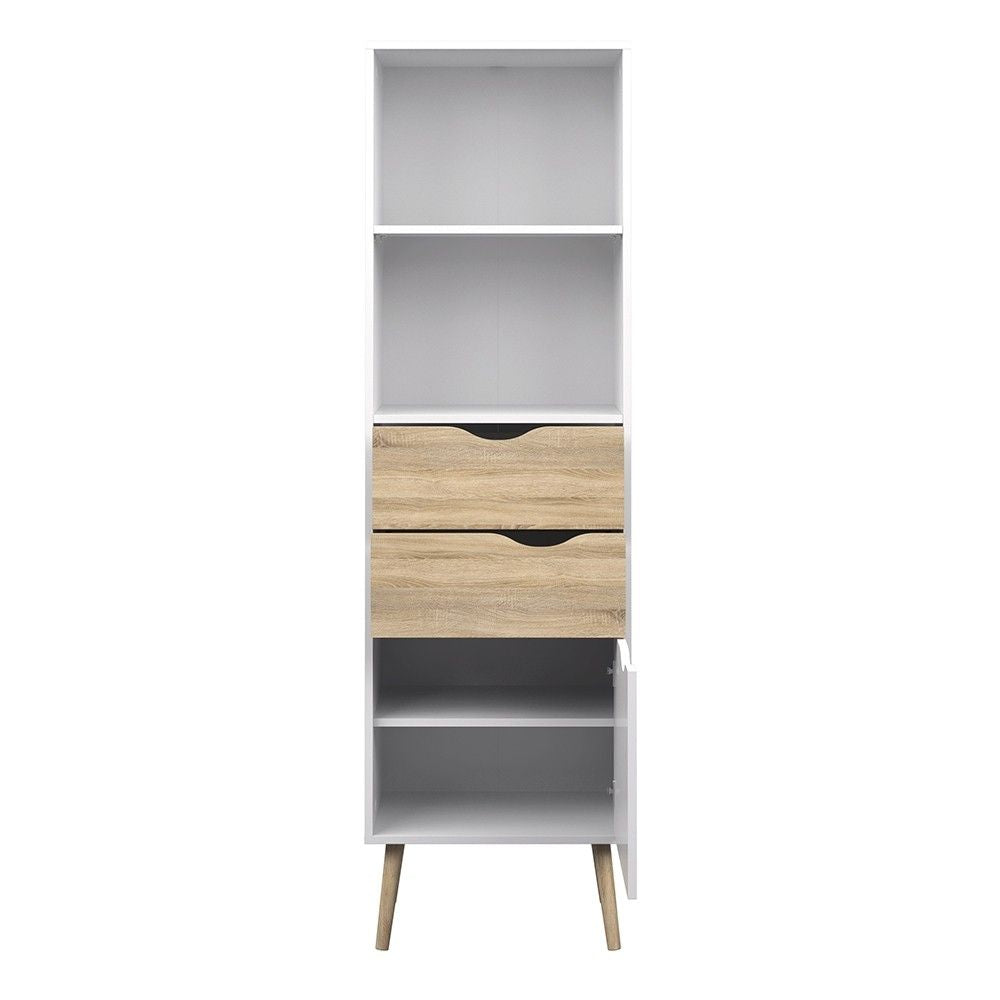 Tall Slim White and Oak Scandinavian 2 Drawer And 1 Door Bookcase