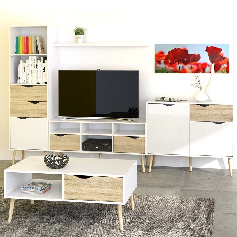 Tall Slim White and Oak Scandinavian 2 Drawer And 1 Door Bookcase