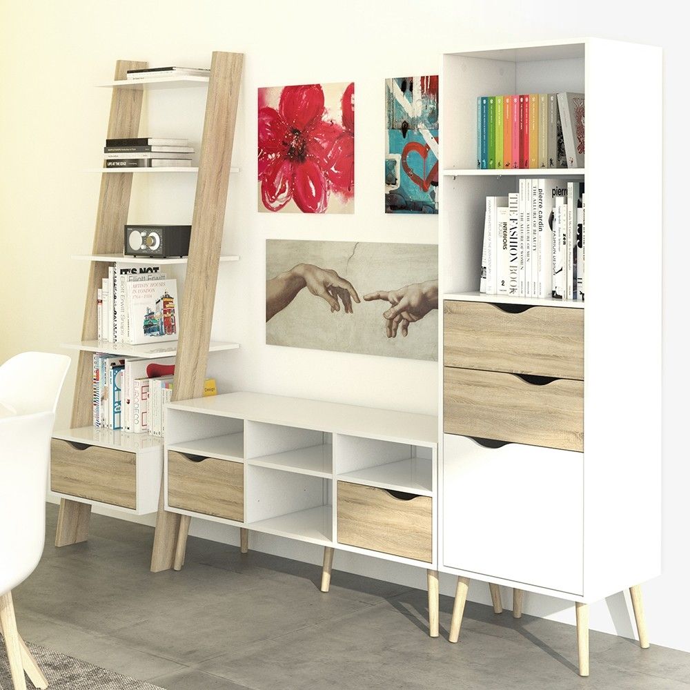 Tall Slim White and Oak Scandinavian 2 Drawer And 1 Door Bookcase