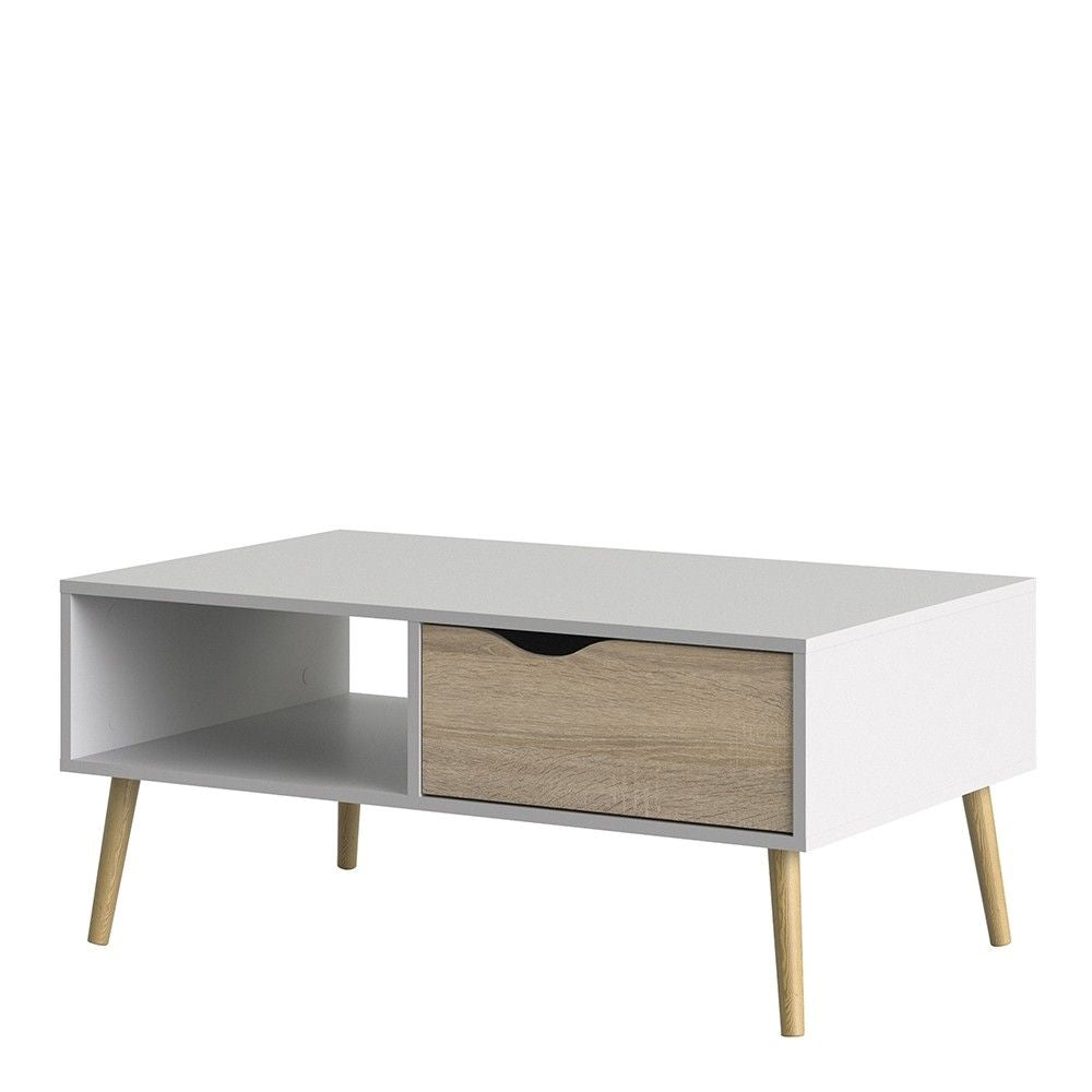 White and Oak Low 1 Drawer Coffee Table With Cut Out Handle 43.3x98.7cm