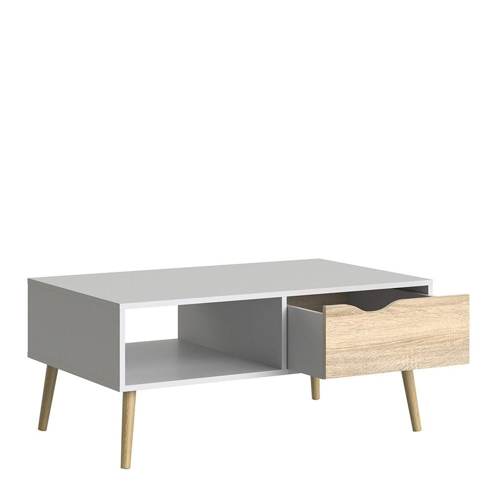 White and Oak Low 1 Drawer Coffee Table With Cut Out Handle 43.3x98.7cm