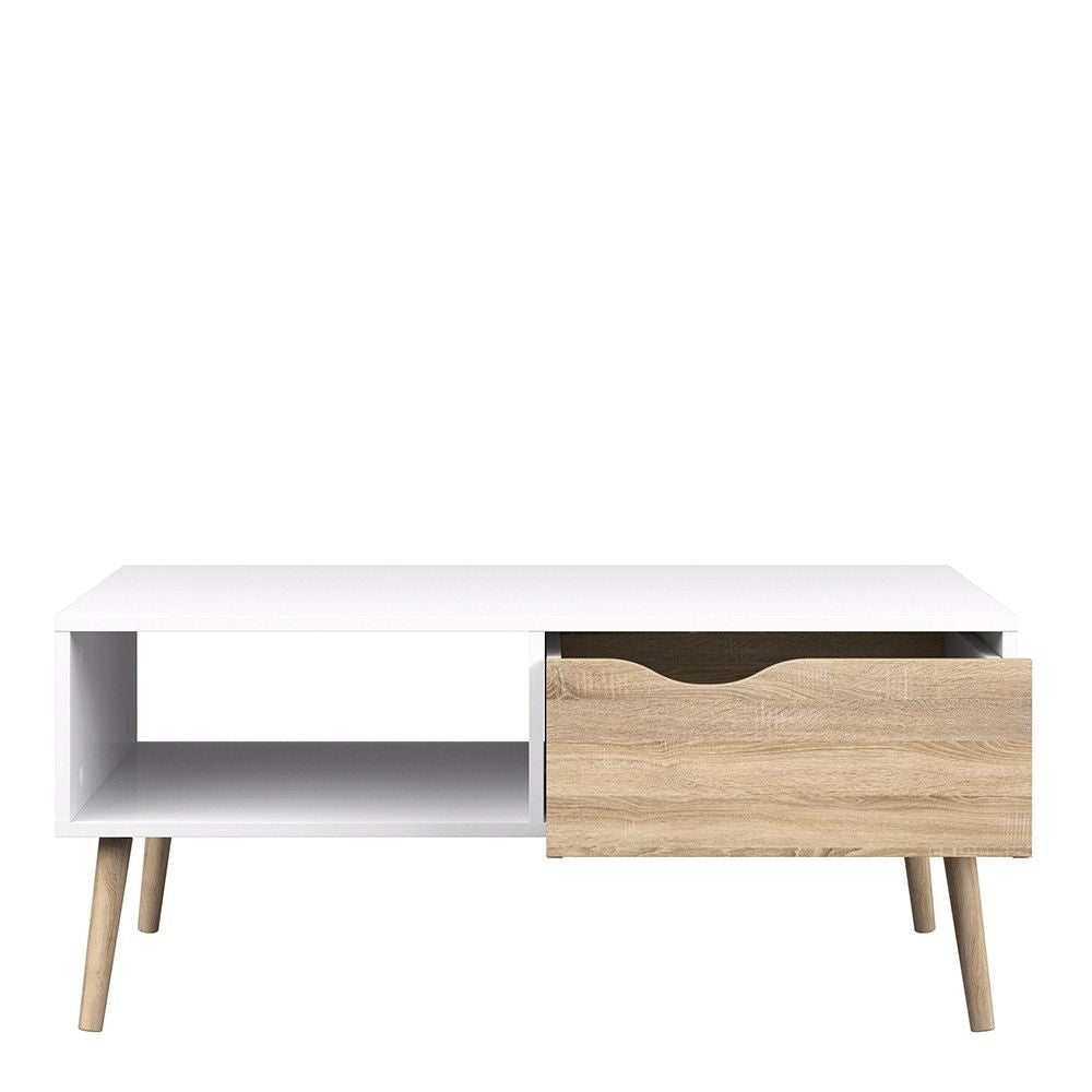 White and Oak Low 1 Drawer Coffee Table With Cut Out Handle 43.3x98.7cm