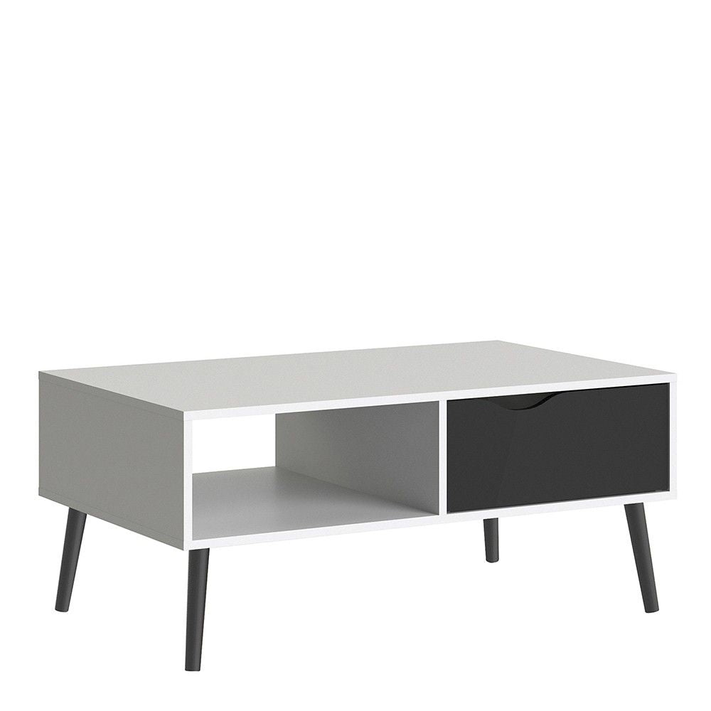 White and Black Matt Low Coffee Table 1 Drawer 1 Shelf Scandi