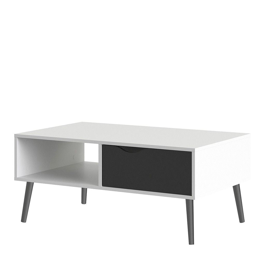 White and Black Matt Low Coffee Table 1 Drawer 1 Shelf Scandi