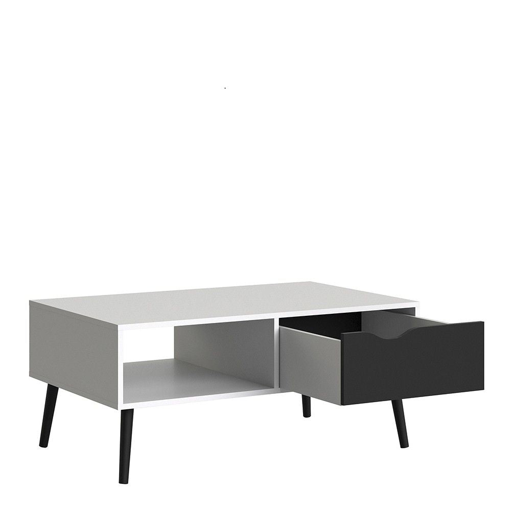 White and Black Matt Low Coffee Table 1 Drawer 1 Shelf Scandi