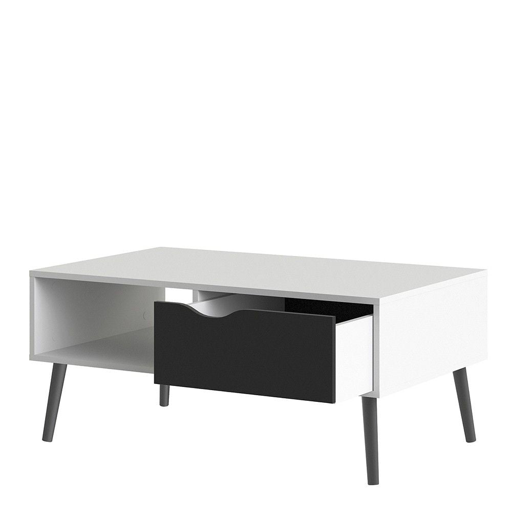 White and Black Matt Low Coffee Table 1 Drawer 1 Shelf Scandi