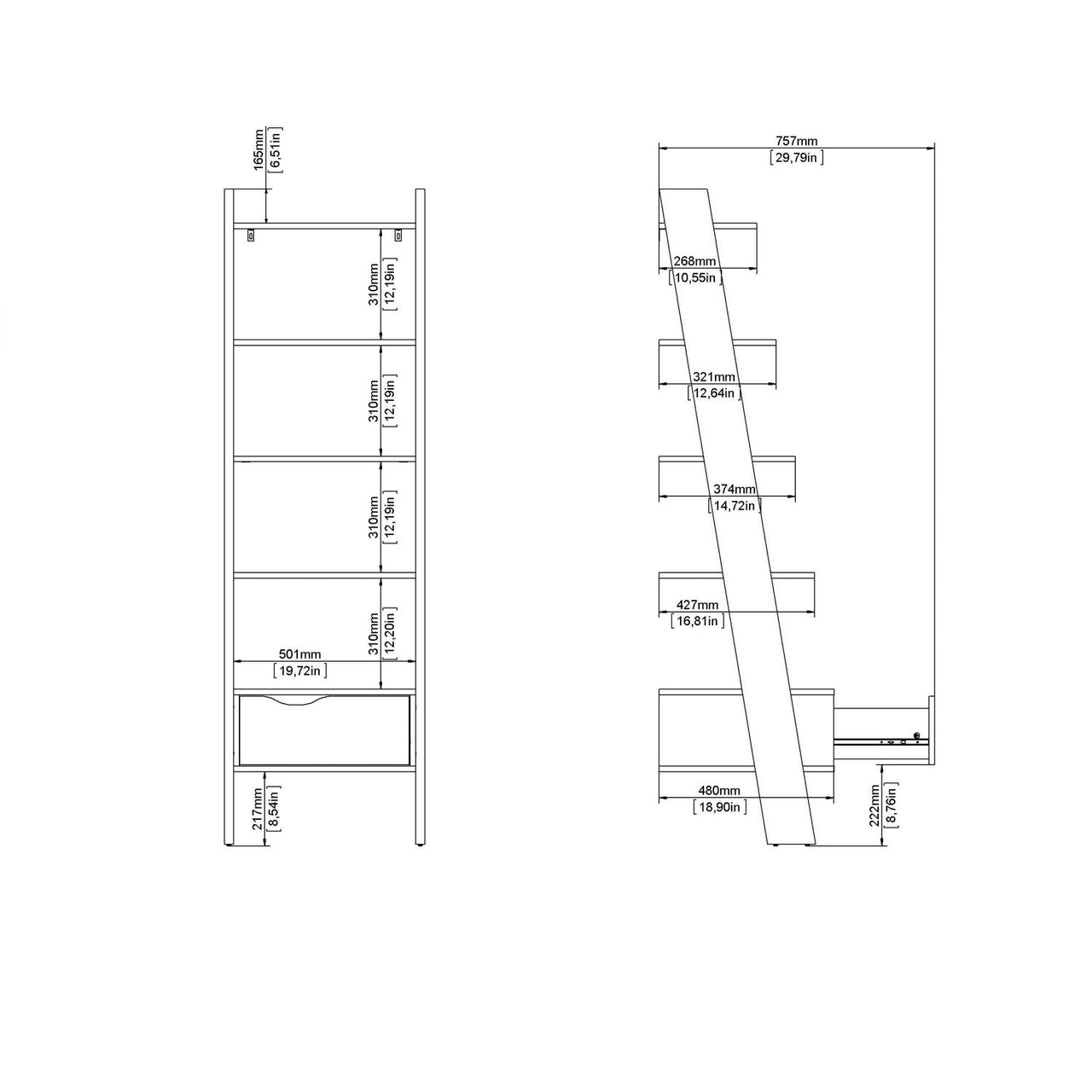 White And Oak Leaning 5 Open Shelf Narrow Ladder Bookcase