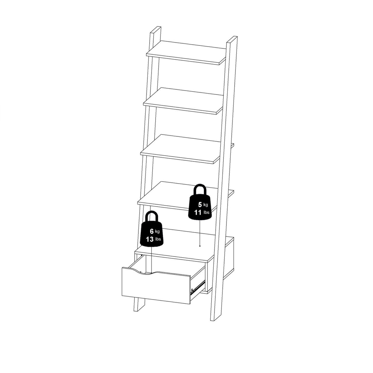 White And Oak Leaning 5 Open Shelf Narrow Ladder Bookcase