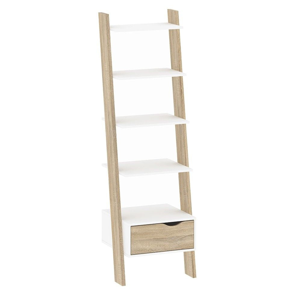 White And Oak Leaning 5 Open Shelf Narrow Ladder Bookcase