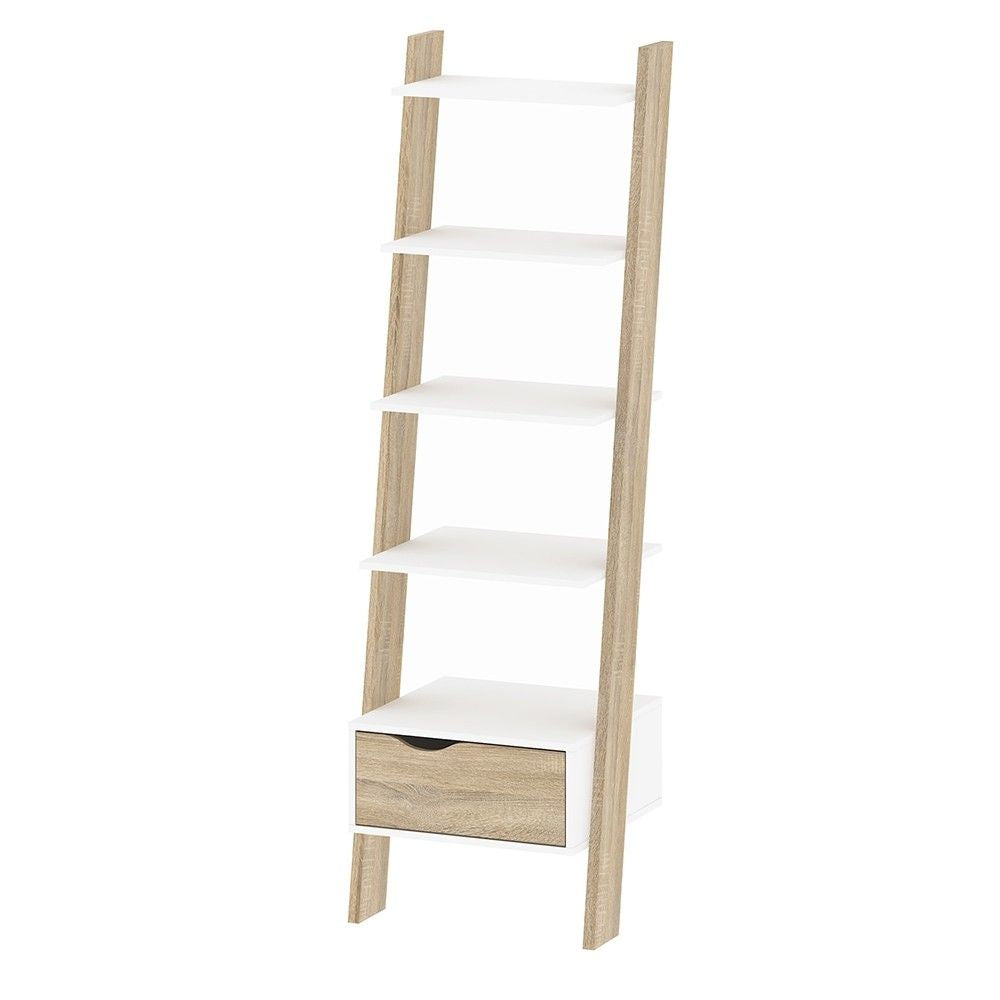 White And Oak Leaning 5 Open Shelf Narrow Ladder Bookcase