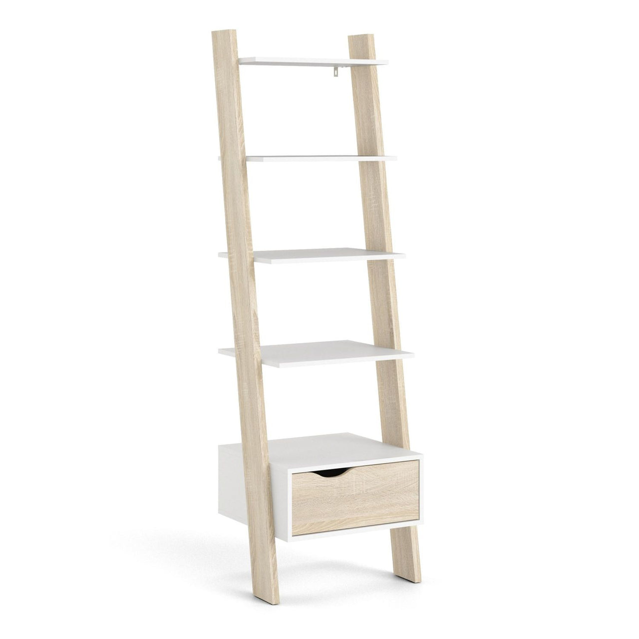 White And Oak Leaning 5 Open Shelf Narrow Ladder Bookcase