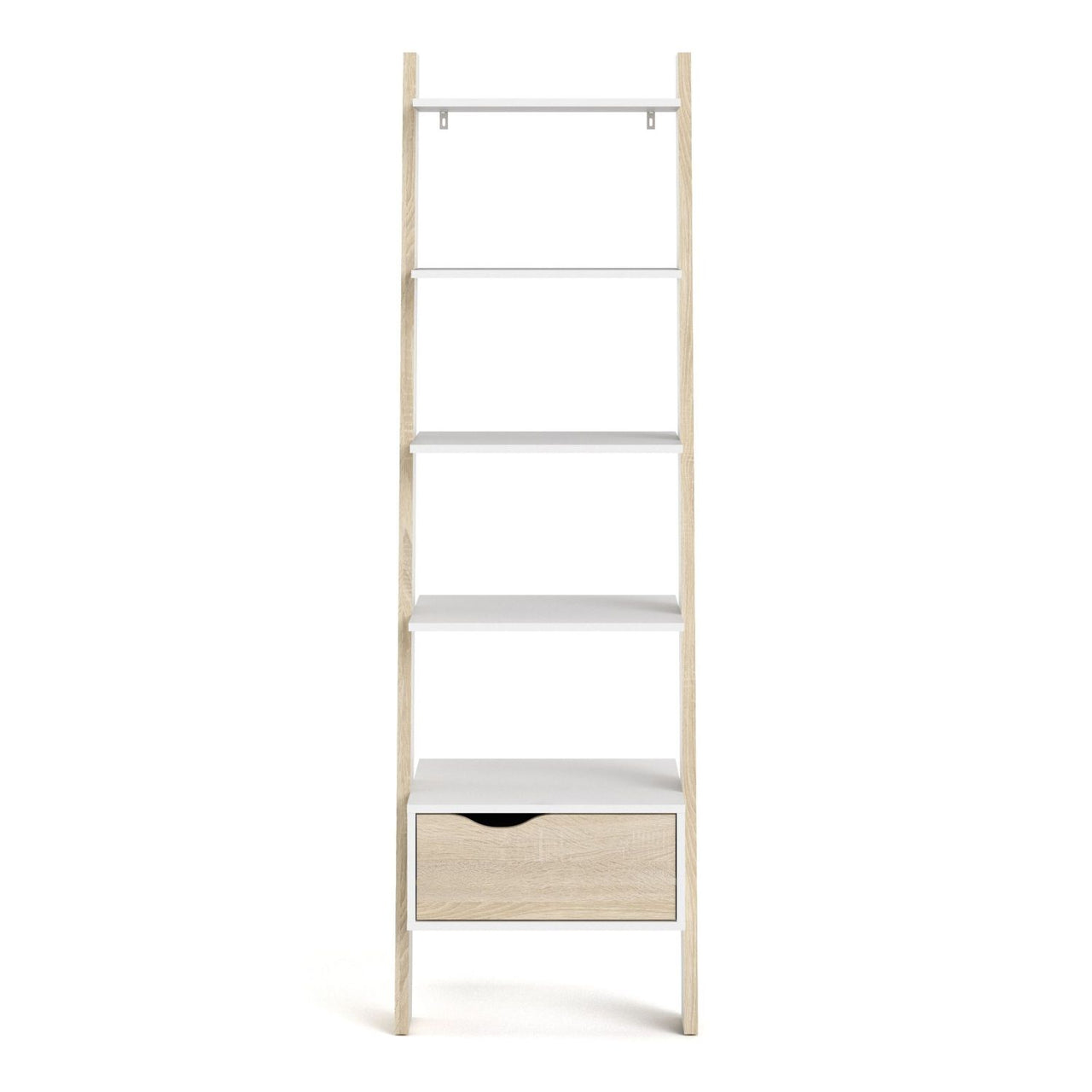 White And Oak Leaning 5 Open Shelf Narrow Ladder Bookcase