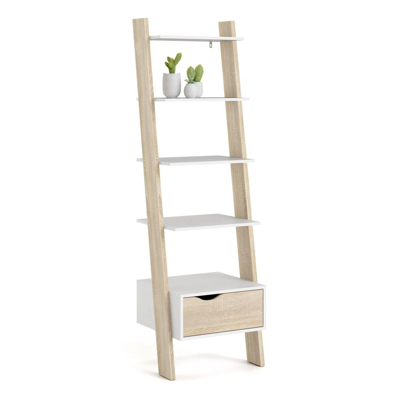 White And Oak Leaning 5 Open Shelf Narrow Ladder Bookcase