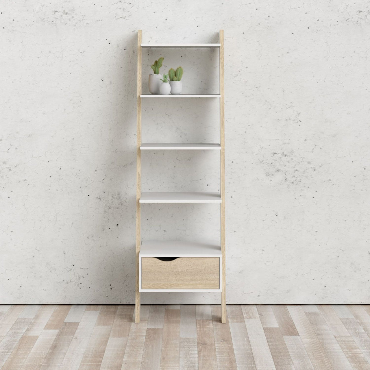 White And Oak Leaning 5 Open Shelf Narrow Ladder Bookcase