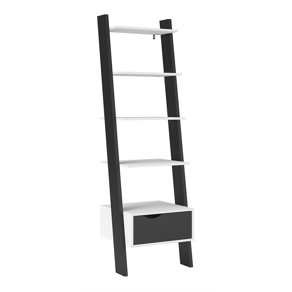 Scandi White and Black Matt Leaning Open 1 Drawer Narrow Bookcase