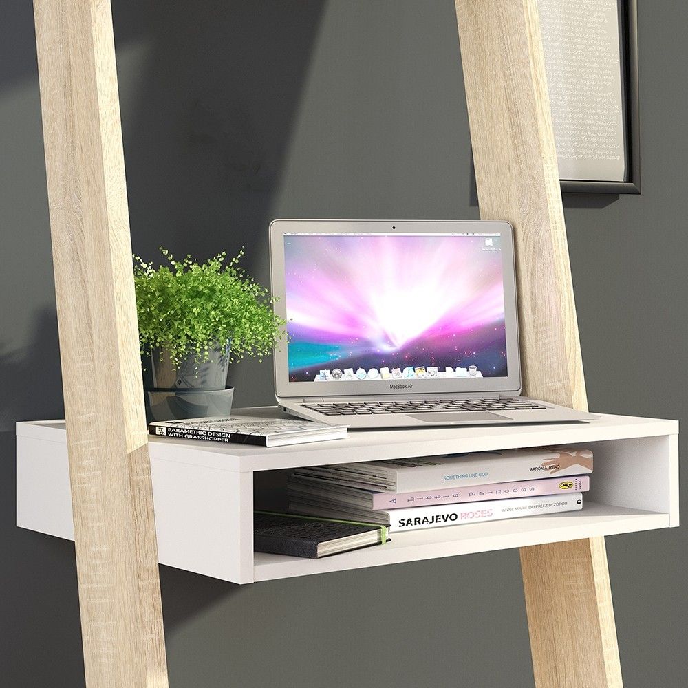 White and Oak Leaning Wall Ladder 3 Open Shelf Office Study Desk