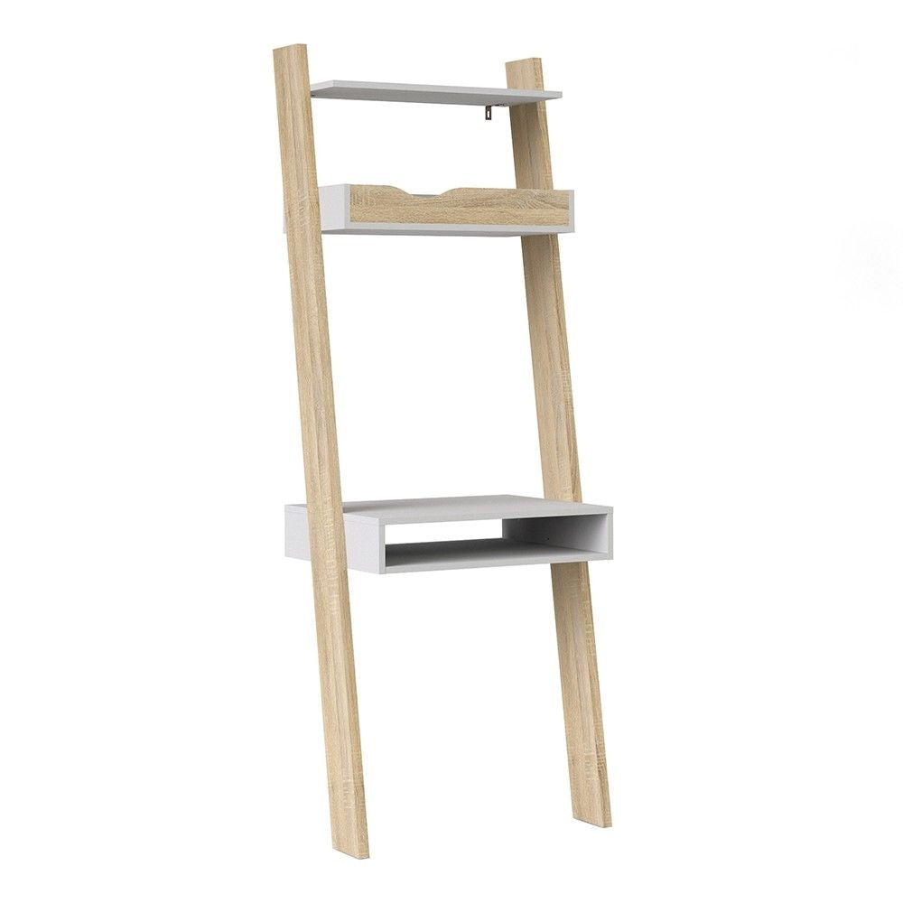 White and Oak Leaning Wall Ladder 3 Open Shelf Office Study Desk