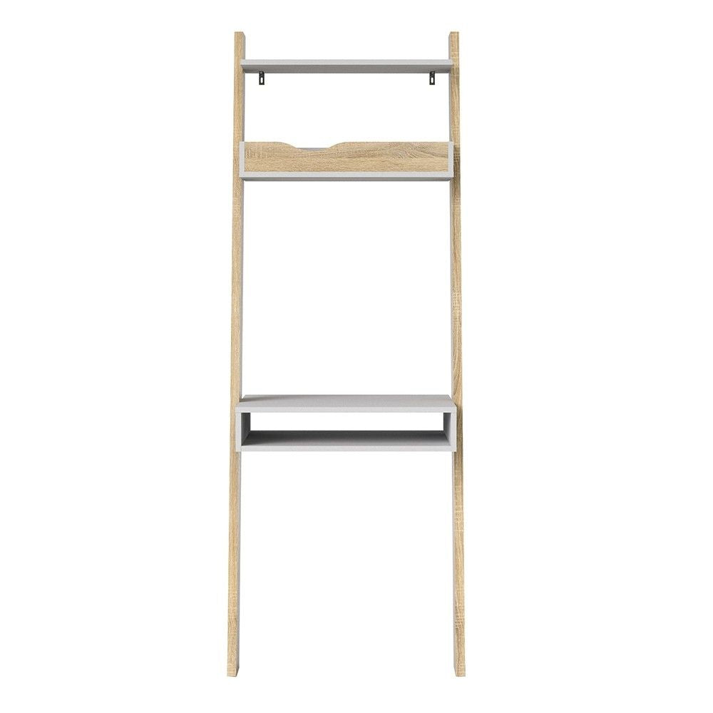 White and Oak Leaning Wall Ladder 3 Open Shelf Office Study Desk