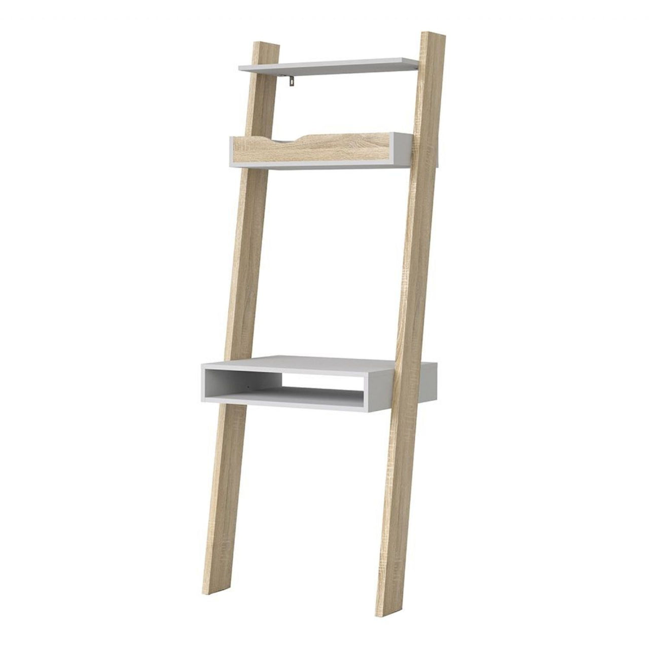 White and Oak Leaning Wall Ladder 3 Open Shelf Office Study Desk