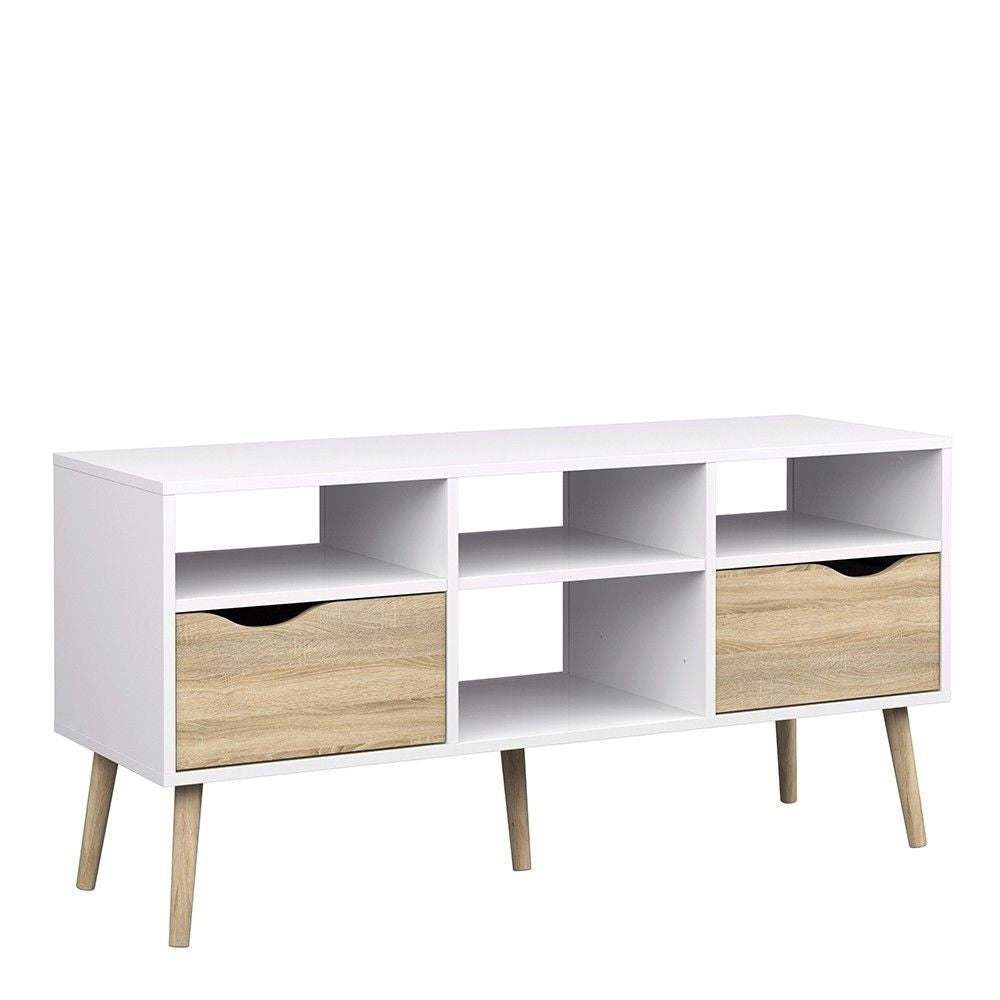 White and Oak Wide 2 Drawer And 4 Shelf TV Media Unit