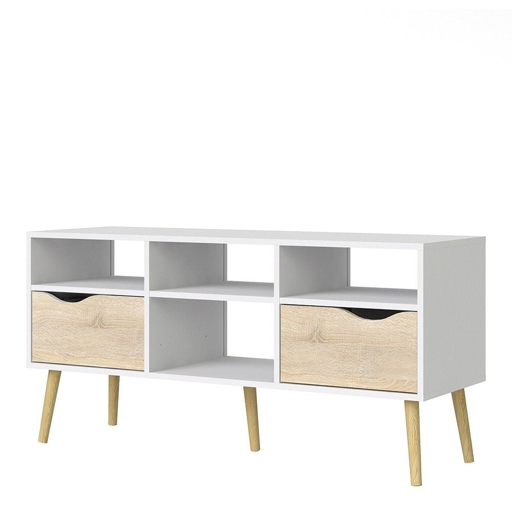 White and Oak Wide 2 Drawer And 4 Shelf TV Media Unit