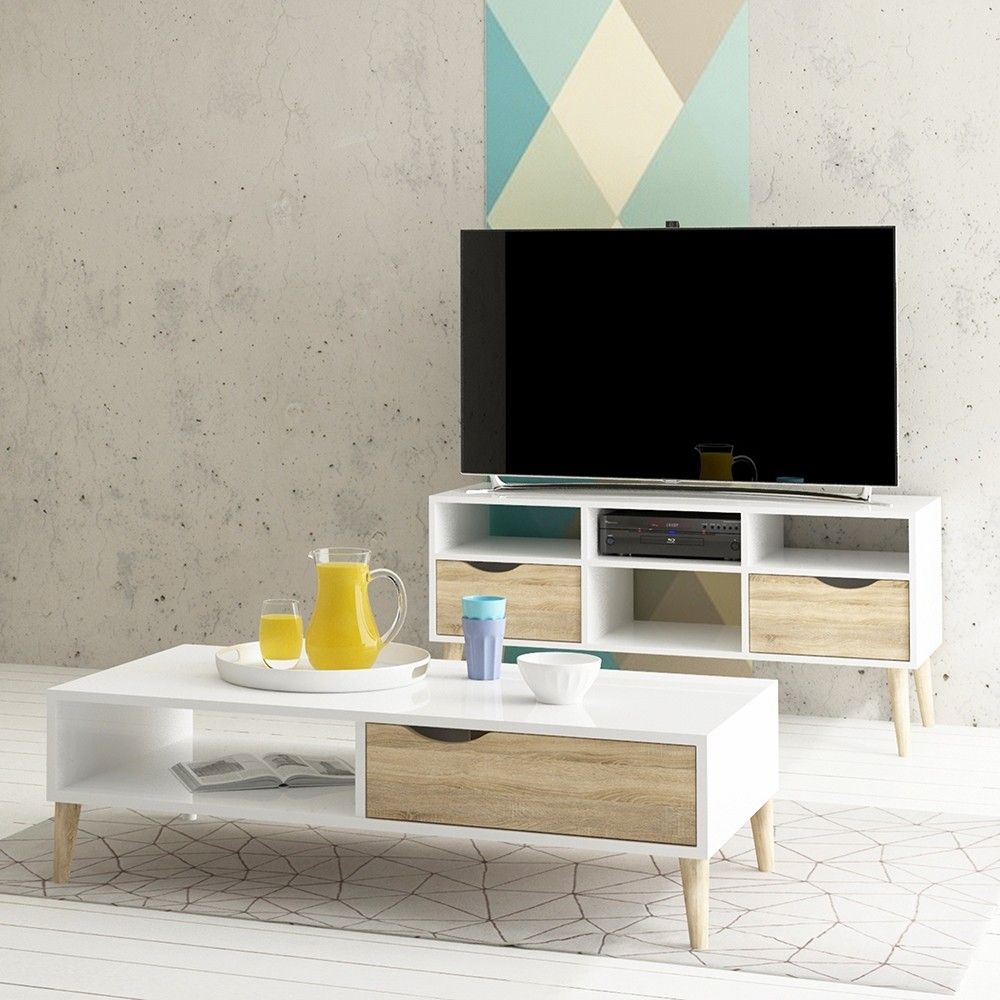 White and Oak Wide 2 Drawer And 4 Shelf TV Media Unit