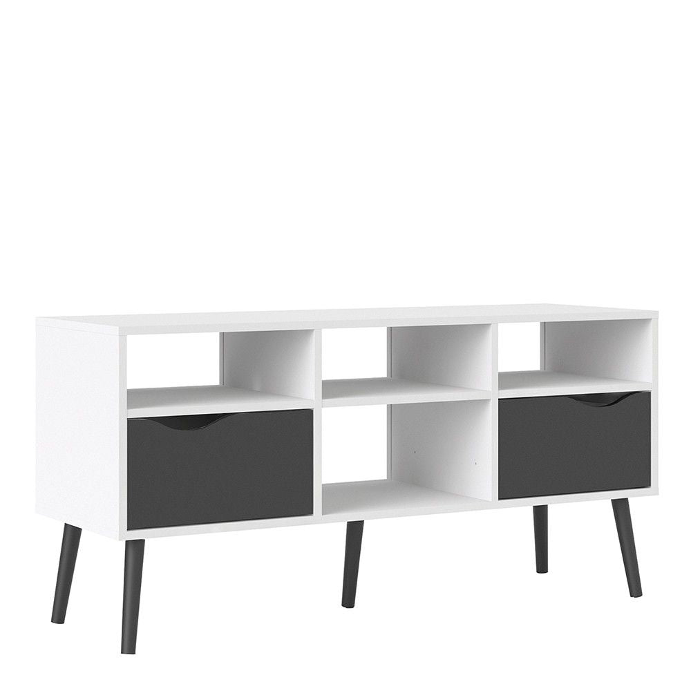 Low Wide White and Matt Black 2 Drawer TV Unit With Cut Out Handles