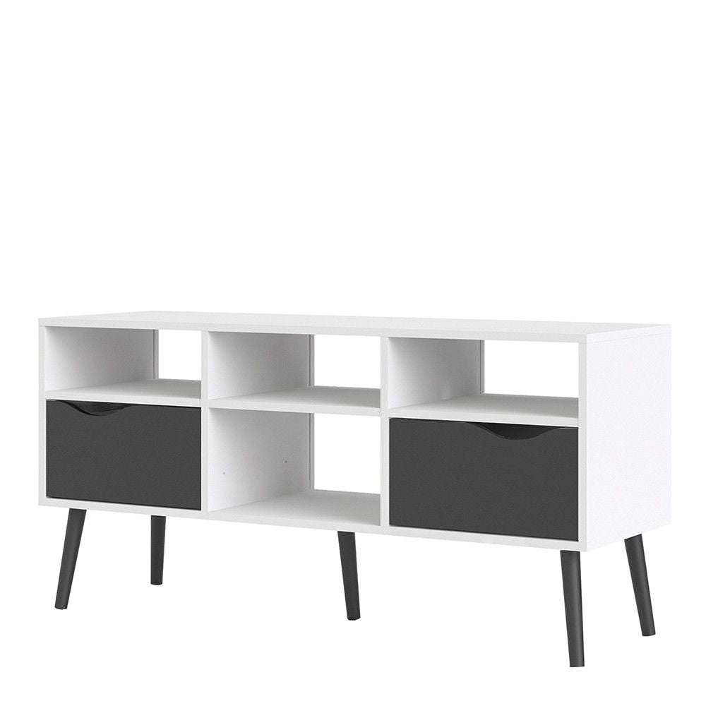 Low Wide White and Matt Black 2 Drawer TV Unit With Cut Out Handles