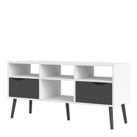 Thumbnail for Low Wide White and Matt Black 2 Drawer TV Unit With Cut Out Handles