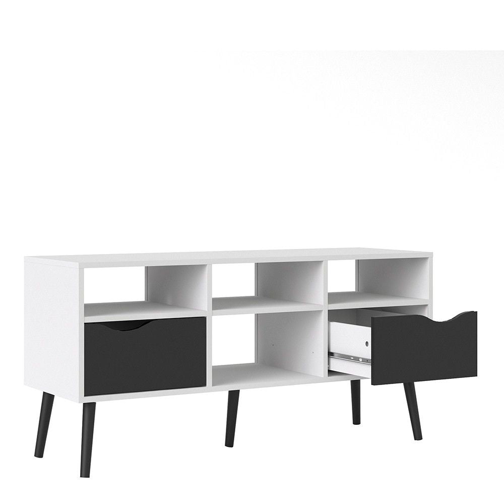 Low Wide White and Matt Black 2 Drawer TV Unit With Cut Out Handles