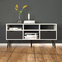 Thumbnail for Low Wide White and Matt Black 2 Drawer TV Unit With Cut Out Handles