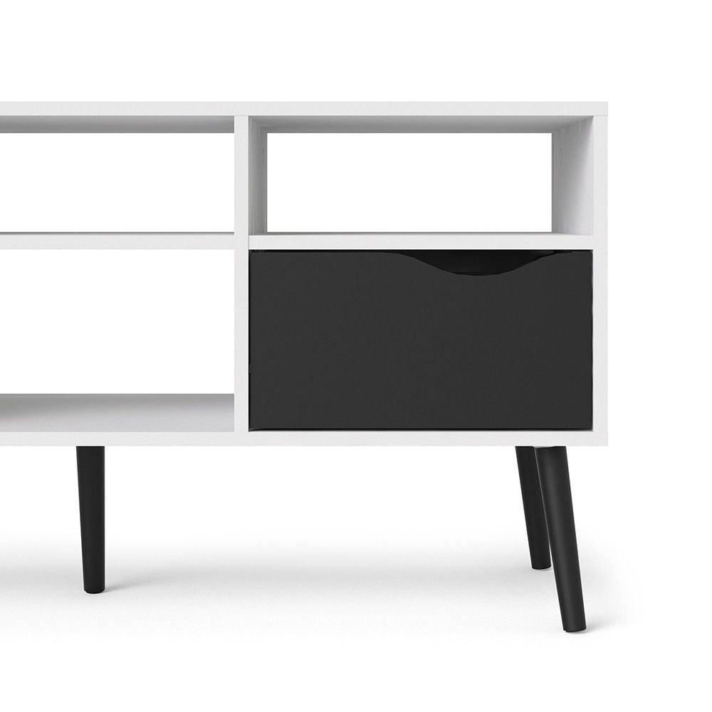 Low Wide White and Matt Black 2 Drawer TV Unit With Cut Out Handles