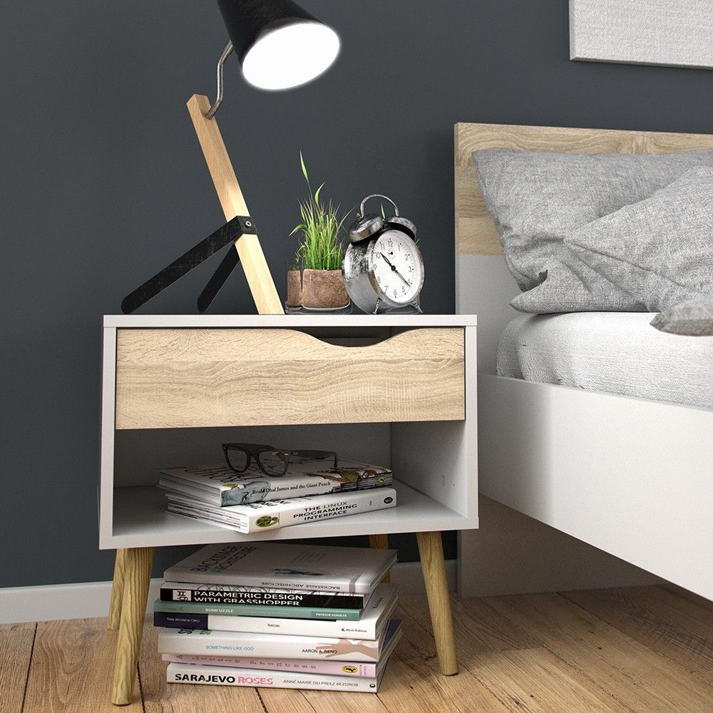 Small White and Oak Finish 1 Drawer Bedside Table