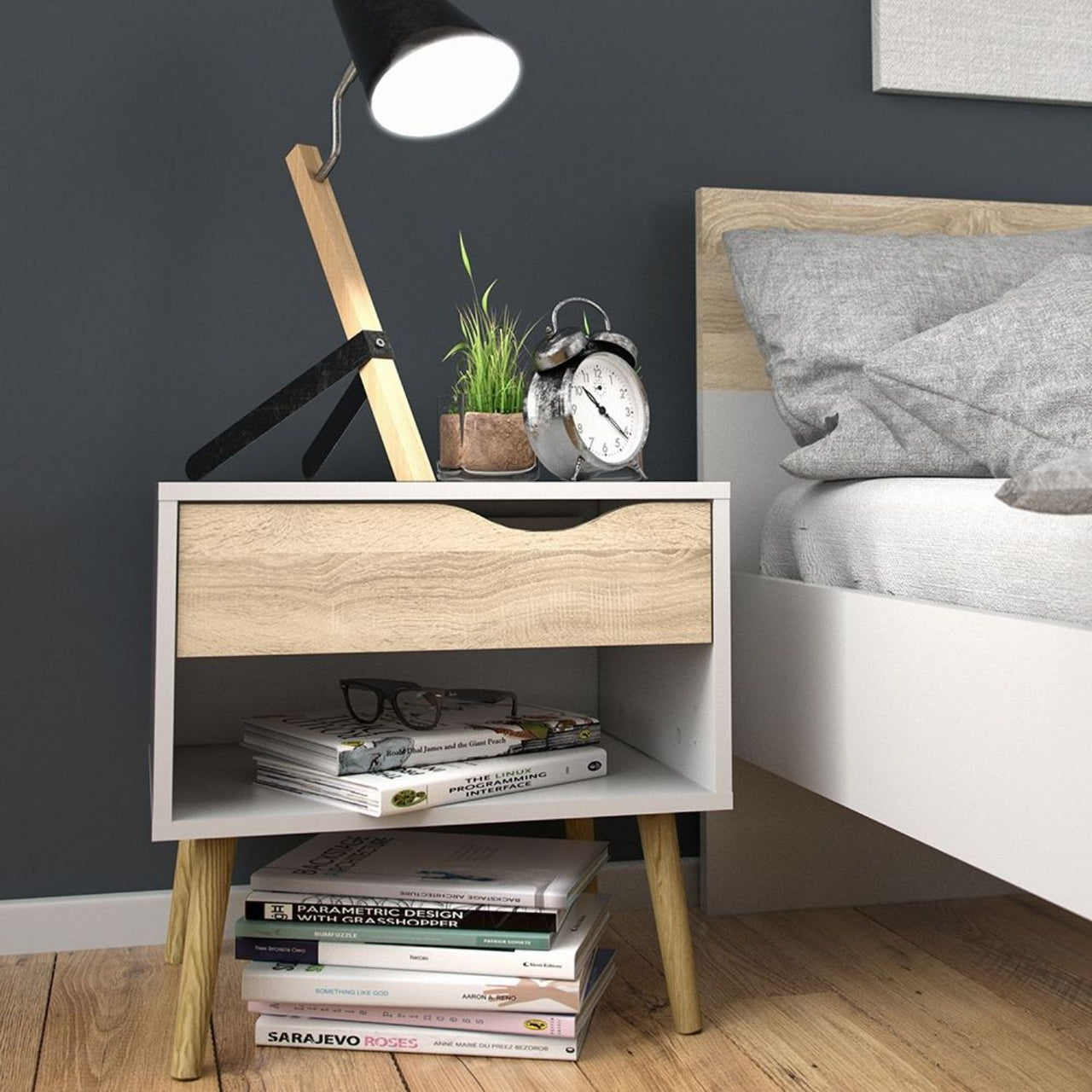 Set of 2 White and Oak 1 Drawer Bedside Tables with Shelf