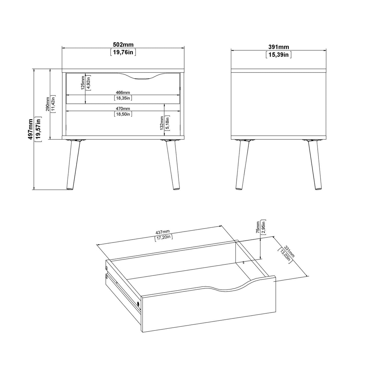 Bedside 1 Drawer in Black and Oak