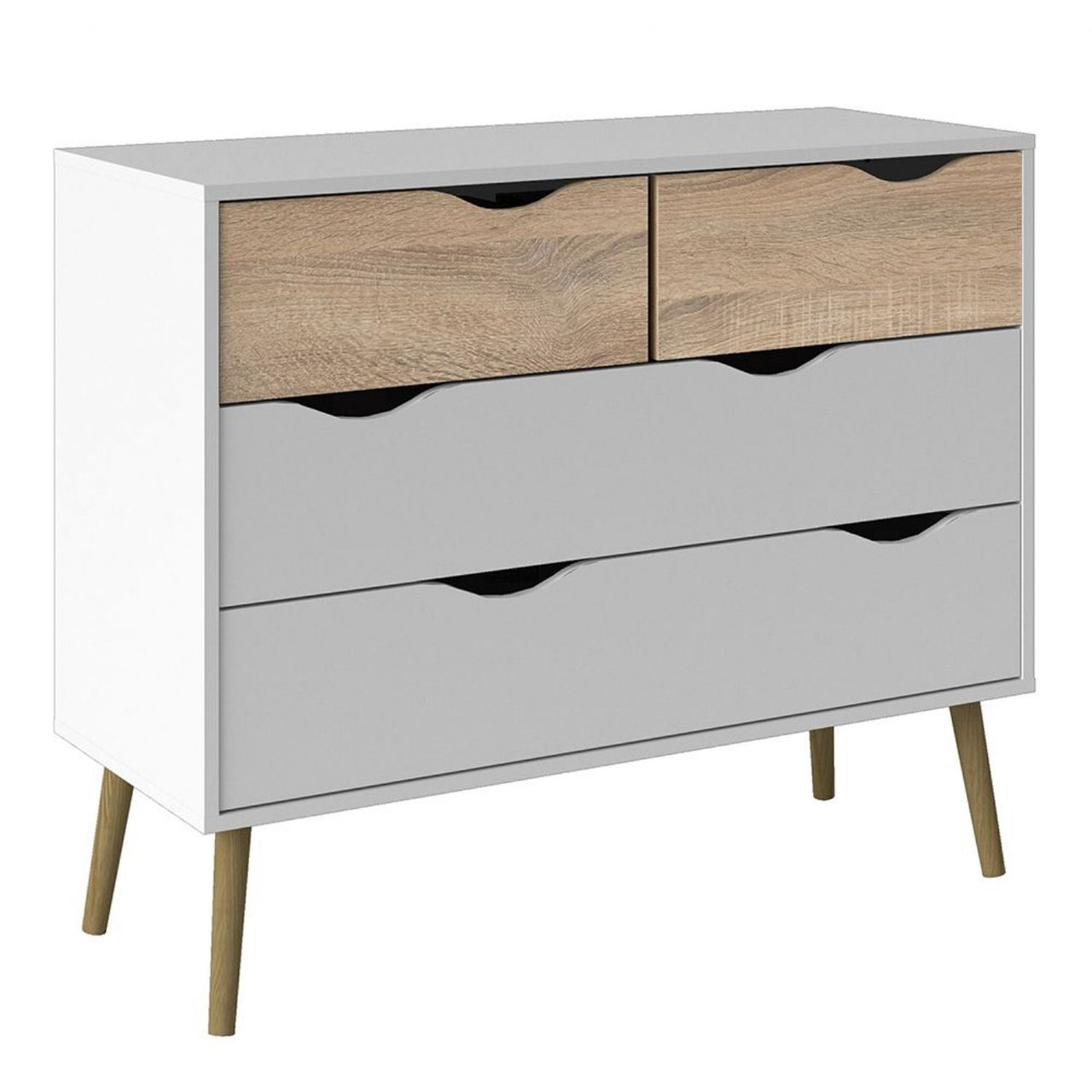 White and Oak Scandinavian Chest of 4 Drawers Cut Out Handles