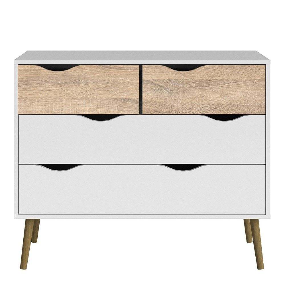 White and Oak Scandinavian Chest of 4 Drawers Cut Out Handles