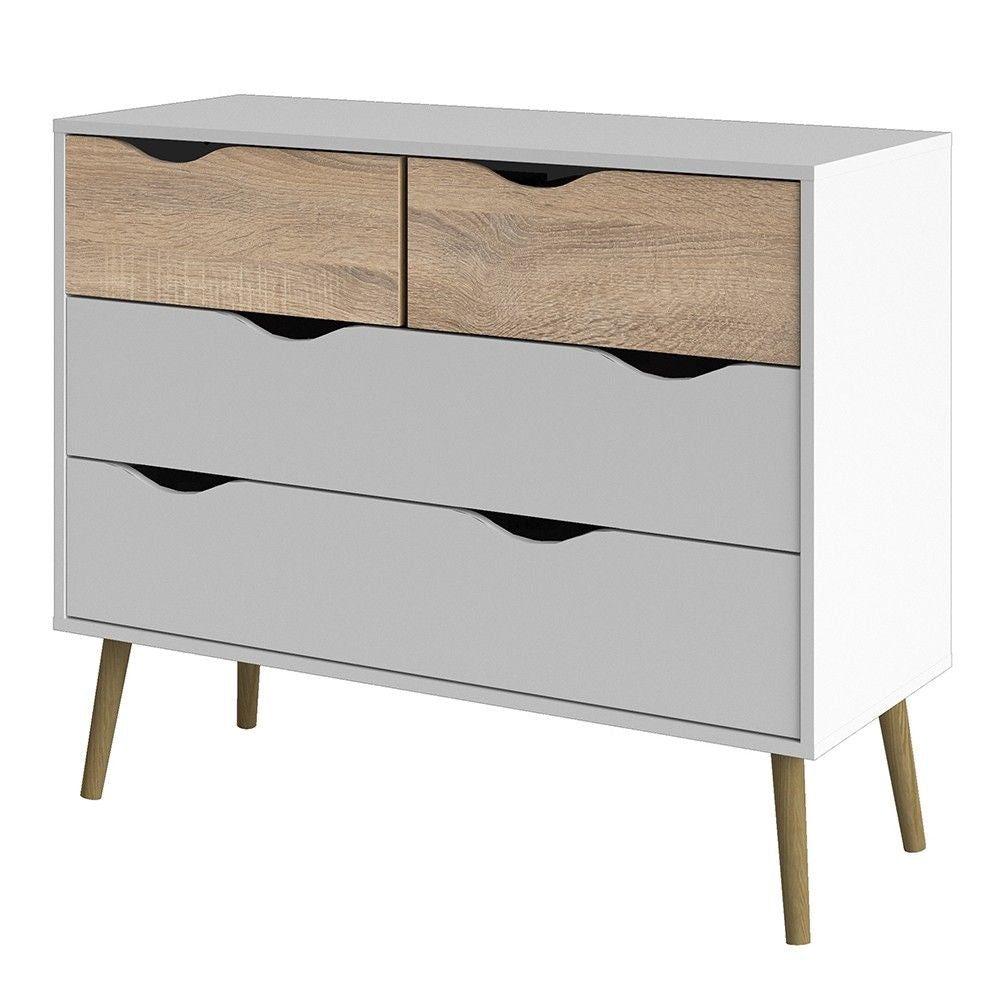 White and Oak Scandinavian Chest of 4 Drawers Cut Out Handles