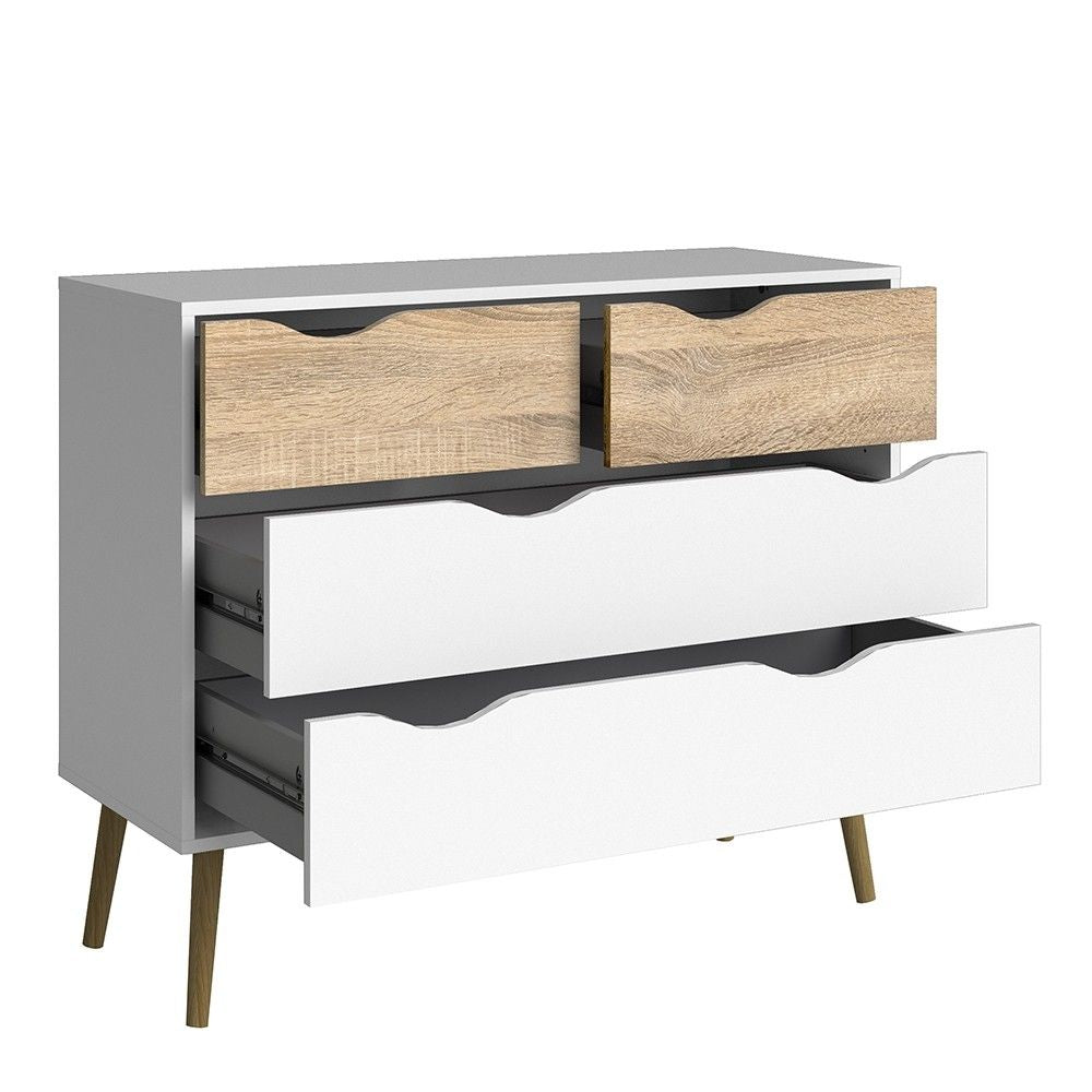 White and Oak Scandinavian Chest of 4 Drawers Cut Out Handles