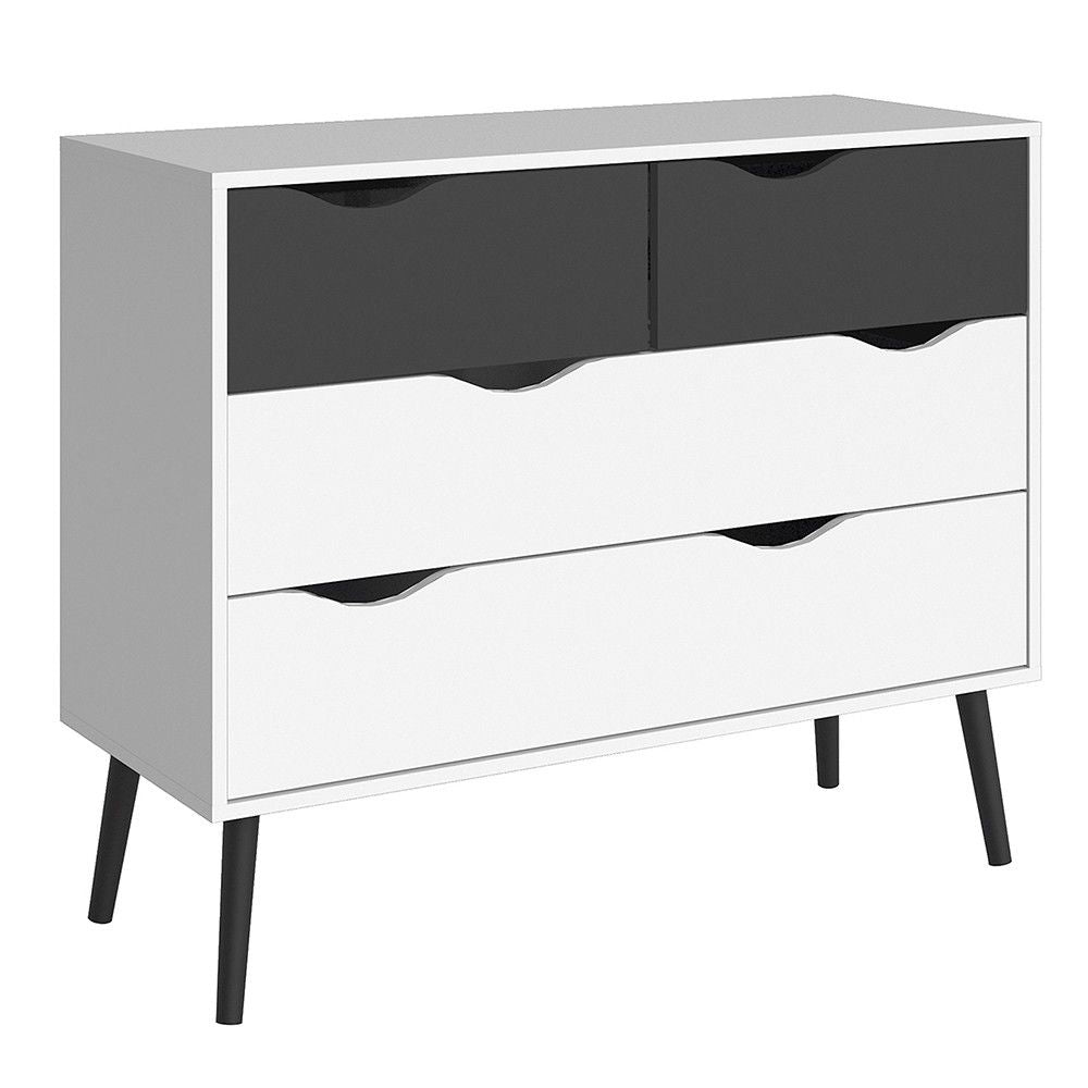 Black and White Scandinavian Chest of 4 Drawers on Black Legs No Handles