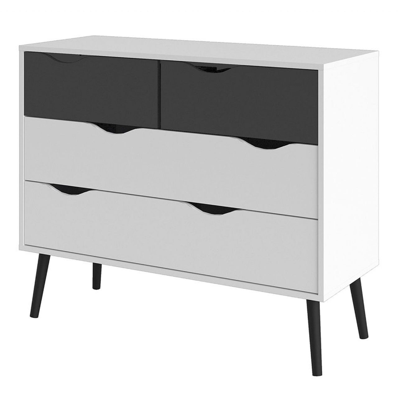 Black and White Scandinavian Chest of 4 Drawers on Black Legs No Handles